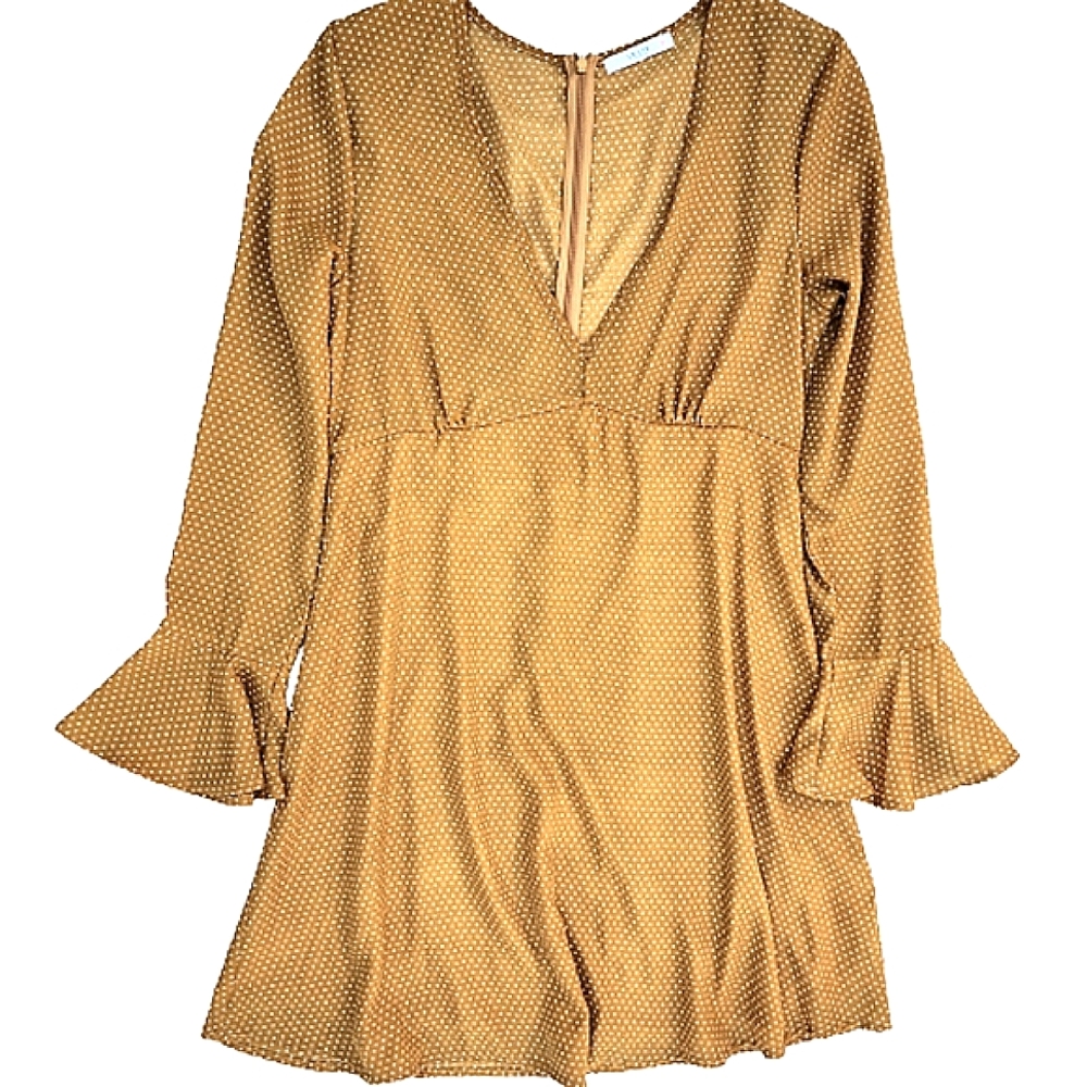 Le Lis USA Mustard Yellow White Clean Girl Polka Dot Bell Sleeve Flirt Dress ♥️